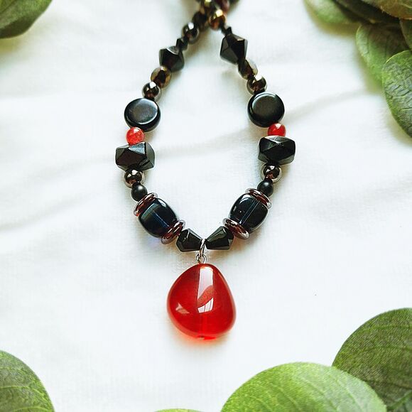 Goth Black Glass & Stone Beaded Choker with Red Teardrop Pendant, Adjustable - Picture 7 of 14
